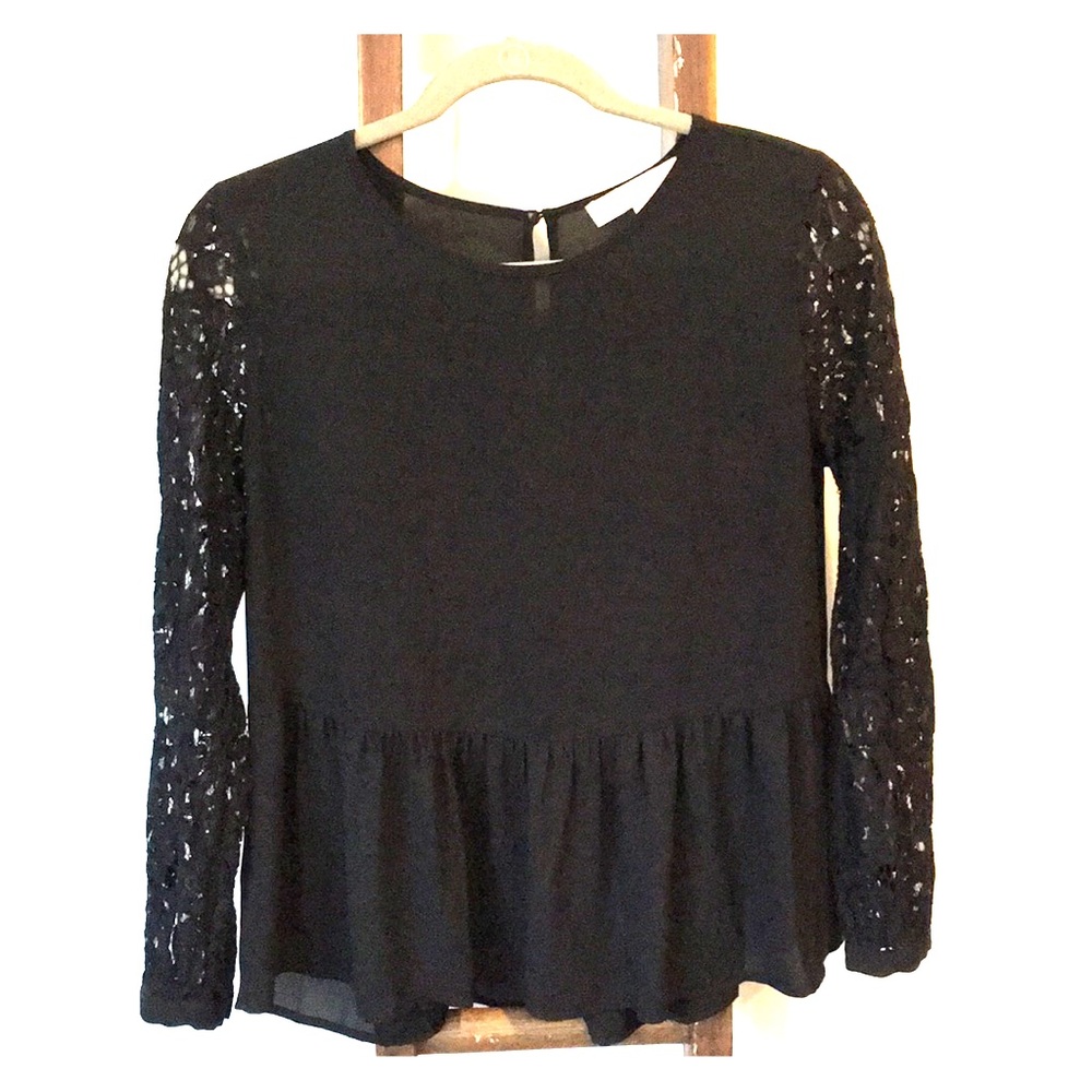 Loft Petite size S peplum Blouse with lace sleeves